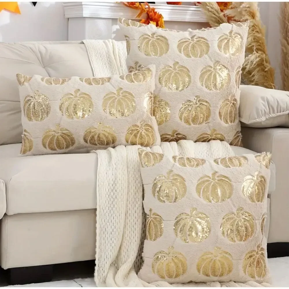 Halloween Gold Pumpkin Sequin Throw Pillow Cover 20inx20in Living/Bedroom Decor